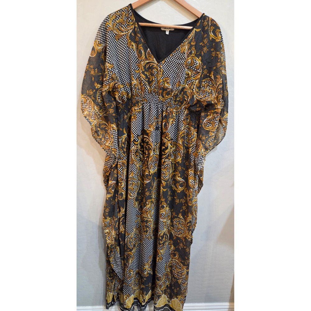 MPH Collection Baroque Checkered Print Maxi Kaftan Dress XL Black Gold V-Neck